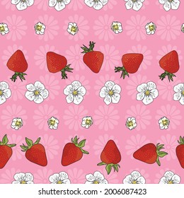 Vector pastel pink background garden strawberries, berry flowers, berries fruits. Seamless pattern background