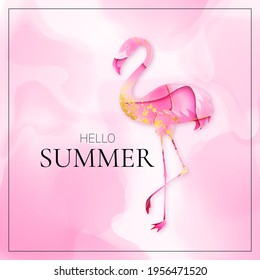 Vector Pastel Pink Banner. Iridescent Flamingo with Flowing Watercolor Texture. Golden Spots. Text Hello Summer. Tender Luxury Abstract Poster.