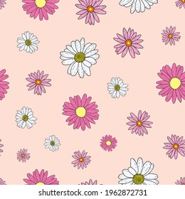 Flores de margarita rosa rosa rosa y fondo verde pastel y flores silvestres. Fondo de patrón sin problemas