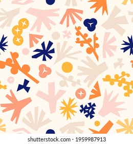 Vector Pastel Pink, Beige, Blue and Orange Botanic Abstract Blossoms and Garden Elements Seamless Pattern.