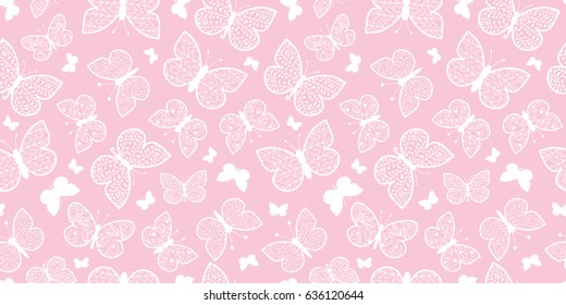 Vector Pastel Pink Butterflies Repeat Seamless Pattern Background. Can Be Used For Fabric, Wallpaper, Stationery, Packaging.