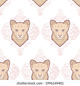 Vektor Pastel Pink Cute Lion Cub auf Flower Tiles nahtlos Muster Hintergrund. Perfekt für Stoff-, Scrapbooking- und Tapete-Projekte.