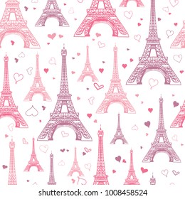 Vector Pastel Pink Eifel Tower Paris Seamless Repeat Pattern Surrounded By St Valentines Day Hearts Of Love. Perfect for travel themed postcards, greeting cards, wedding invitations.