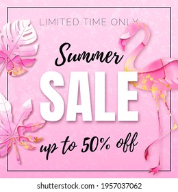 Vector Pastel Pink and Gold Banner. Tropical Leaves and Flamingo with Watercolor Texture. Text Summer Sale. Aralia and Monstera. Discount Poster. 