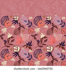 Vector pastel pink hand draw Plants Horizontal Seamless Pattern Ornament Background Texture