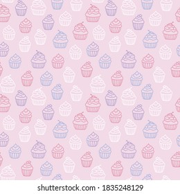 Vector pastel pink muffins seamless pattern background. Dessert background repeat line art, doodle cupcakes style illustration.