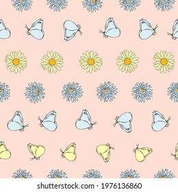 Vector pastel pink peach background daisy flowers, wild flowers and butterflies, insects. Seamless pattern background