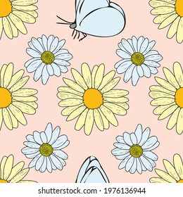 Vector pastel pink peach background daisy flowers, wild flowers and butterflies, insects. Seamless pattern background