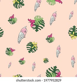 Vector pastel pink, peach background tropical birds, parrots, exotic cheese plant, monstera, hibiscus flowers. Seamless pattern background