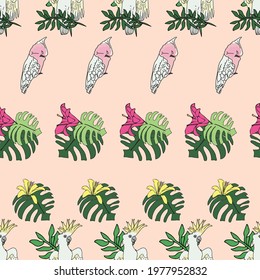 Vector pastel pink, peach background tropical birds, parrots, exotic cheese plant, monstera, hibiscus flowers. Seamless pattern background