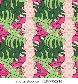 Vector pastel pink, peach background tropical exotic cheese plant, monstera, hibiscus flowers. Seamless pattern background