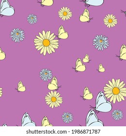 Vector pastel pink peach background daisy flowers, wild flowers and butterflies, insects. Seamless pattern background