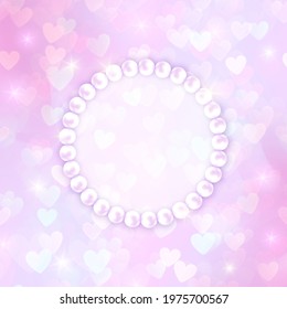 Vector Pastel Pink Romantic Banner. Cute Unicorn Background. Hearts Bokeh. Round Pearl Frame.
