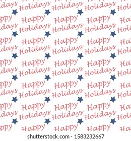 Vector pastel pink text happy holidays with stars vertical lines seamless pattern background on white surface