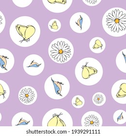 Vector pastel purple background daisy flowers, birds butterfly seamless pattern. butterflies. Seamless pattern background
