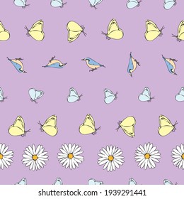 Vector pastel purple background daisy flowers, birds butterfly seamless pattern. butterflies. Seamless pattern background