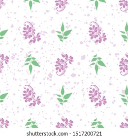 Vector pastel purple flower with green leaf and texture seamless pattern background