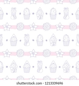 Vector pastel purple and pink striped cacti seamless pattern background with flowers and polka dots. Cute girly design is perfect for shirting fabric, wrapping paper, wallpaper, scrapbooking.