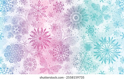 Vector pastel  rainbow gradient seamless Christmas pattern with snowflakes and stars and dotty butterflies on white