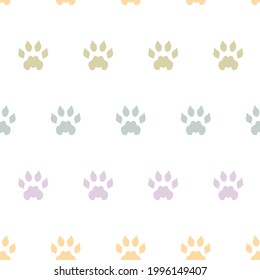 Vector Pastel Rainbow Wild Animal Paw Prints on White seamless pattern background. Perfect for fabric, scrapbooking and wallpaper projects.