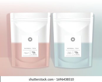 Vector Pastel Resealable Product Sachet Pouch in Pastel Pink & Blue Color minimal design mockup for Snack Cosmetics Healthcare Bath Salts Gift Food Accessory