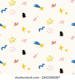 Vector pastel seamless baby pattern, print with different abstract cartoon characters, tree, star,  comets, meteorites, christmas tree for children, kids clothes, wear, apparel