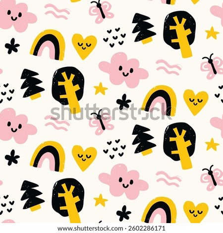 Vector pastel seamless baby pattern, print with different cartoon characters, tree, cloud, hart, butterfly, star,  rainbow, christmas tree for children, kids clothes, wear, apparel