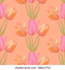 Vector pastel seamless background with tulips flowers.