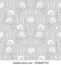 Vector pastel seashells seahorses texture background seamless pattern print