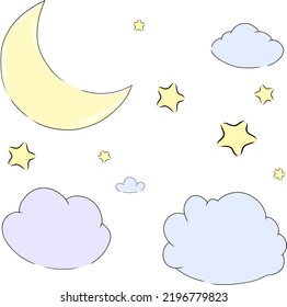 Vector pastel set of moon, clouds and stars. Hand drawn cute vector set for nursery art. Sweet dreams vector illustration