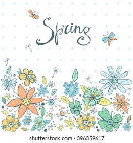 Vector pastel spring backdrop with hand drawn doodle flowers, text and butterfly