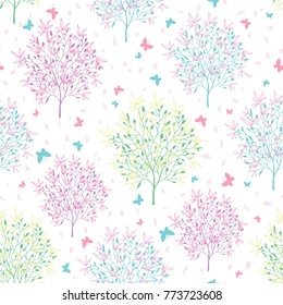 Vector pastel spring blossoming trees and butterflies seamless pattern background. Great for sprintime themed fabric, packaging, giftwrap, gifts projects.