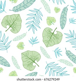 Vector pastel tropical drawing summer hawaiian seamless pattern with tropical green plants and leaves on navy blue background. Great for vacation themed fabric, wallpaper, packaging.