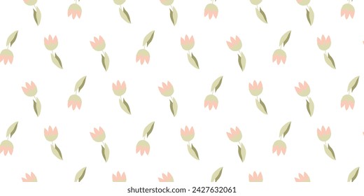 Vector Pastel Tulip Seamless Pattern. Floral cute Design of Flowers in Cartoon Flat style. Lovely Colorful Botany Ornament for Background, Textile, Fabric, Wrapping paper, Wallpaper, Template.