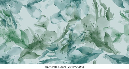 Vector of pastel watercolor floral seamless pattern. Mint green paint with artistic abstract texture. Hand-drawn watercolor floral fabric prints