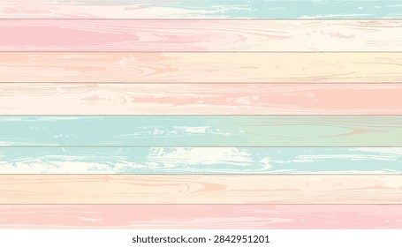 Vector pastel wood texture background with horizontal planks in light pink, mint green, and cream hues. Shabby chic distressed wooden board backdrop, great for a spring banner or a lovely baby shower.