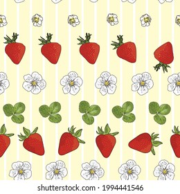 Fresas del jardín de fondo amarillo pastel vectorial, flores de baya, frutos de bayas. Fondo de patrón sin problemas