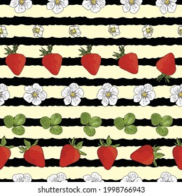 Vector pastel yellow background garden strawberries, berry flowers, berries fruits. Seamless pattern background