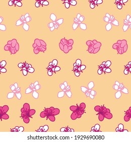 Vector pastel yellow background pink, purple white magnolia flowers, liberty Seamless pattern background