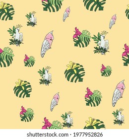 Vector pastel yellow background tropical birds, parrots, exotic cheese plant, monstera, hibiscus flowers. Seamless pattern background