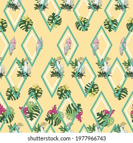 Vector pastel yellow background tropical birds, parrots, exotic cheese plant, monstera, hibiscus flowers. Seamless pattern background