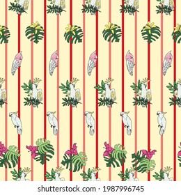 Vector pastel yellow background tropical birds, parrots, exotic cheese plant, monstera, hibiscus flowers. Seamless pattern background