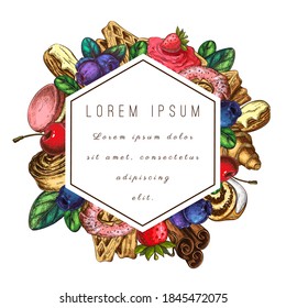 pastelería vectorial, etiqueta de panadería o marco con dulces postres bayas y lugar para el texto. plantilla del logotipo de la casa de panadería. ilustración de pasteles. pasteles caseros, panadería, cafetería, restaurante. emblema de pegatinas