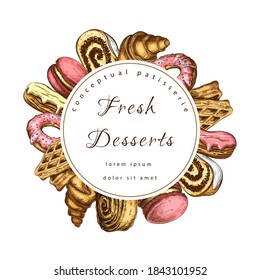 Vektor-Konditorei, Bäckerei rund Etikett oder Rahmen mit süßen Desserts. Vorlage für das Bakeryhouse-Logo. Patisserie-Emblem. Patisserie Kreis Banner oder Schild. Symbol für Donuts, Kuchen, Desserts, Croissans, Waffeln