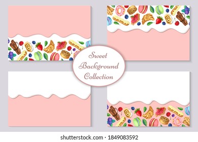 vector pastry, bakery, sweets background or banner collection with flowing cream or chocolate and baking, desserts. horizontal composition, border, frame. great for trendy design, for cafe, patisserie