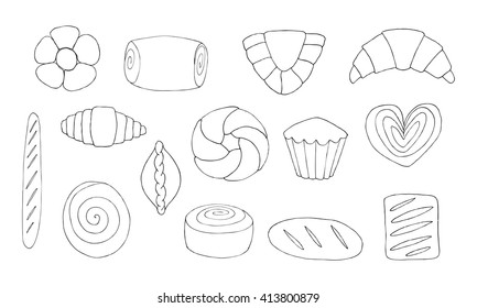 Vector pastry illustration. Hand drawn rolls, buns, croissants.