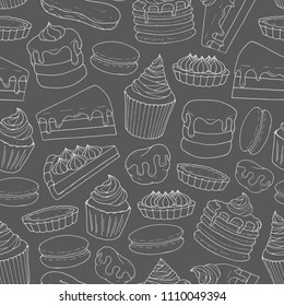 Vector pastry pattern with line art of cakes, pies, muffins, pancakes, macarons and eclairs on the blackboard background. Hand drawn sweet bakery in chalk sketch style. 