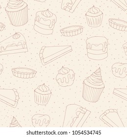 Vector pastry seamless pattern with cakes, pies, muffins and eclairs outline. Hand drawn sweet bakery products in sketchy style on the dotted background.