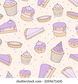 Vector pastry seamless pattern with cakes, pies, tarts, muffins and eclairs with purple blueberry topping. Hand drawn sweet bakery products in sketchy style on the starry background. 