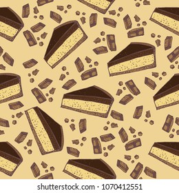 Vector pastry seamless pattern with cakes, pies, tarts,cheesecake with chocolate  topping. Hand drawn sweet bakery products in sketchy style. Hand drawn doodle dessert. 